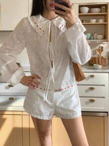 SHEIN EZwear 2pcs/Set Women's White Embroidery Tied Long Sleeve Top And Shorts Set - White - View 7