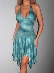 SHEIN ICON 女士波西米亚风性感优雅飘逸乡村扎染水钻蓝绿色 V 领无袖修身荷叶边不对称下摆露背印花连衣裙 - 淺藍色 - 查看 6