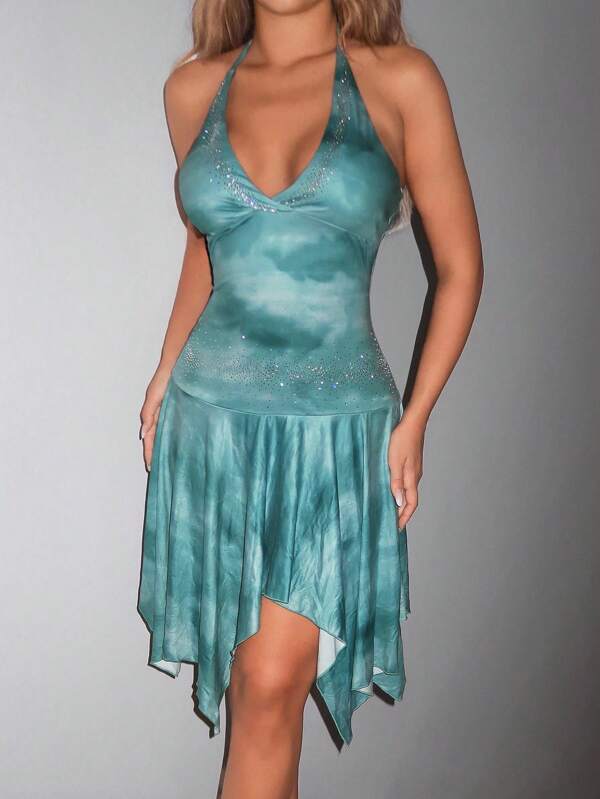 SHEIN ICON Women Boho Sexy Elegant Flowy Country Tie-Dye Rhinestone Teal V-Neck Sleeveless Fitted Ruffled Asymmetrical Hem Halter Printed Dress