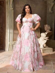 Aureia Vestido midi plus size elegante, luxuoso, de organza jacquard, com mangas bufantes, costas abertas e amarradas, adequado para casamentos, festas, férias, bailes, festivais de música e ocasiões formais (com bordados intensos) - Rosa - Ver 5