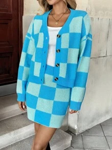 INAWLY 2 件套女士休闲棋盘格开衫和针织裙套装，秋季 - 藍色 - 查看 7