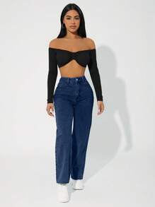 EURMUSE Casual High Waist Tapered Washed Denim Jeans - Dark Wash - View 5