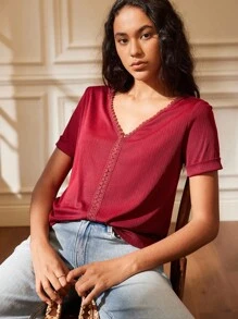Écloséra Elegant French Retro Women's T-Shirt Retro V-Neck Lace Stitching Summer Wear Spring And Summer Women's T-Shirt Vintage Going Out Tops Women - Burgundy - View 3