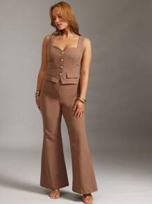 Hauture Women's High Waisted Dark Nude Fitted Pants With Front Seams - Camel - View 5