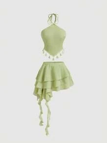 SHEIN MOD Trang phục lãng mạn Mint: Áo ba lỗ tua rua và chân váy xếp nếp nhiều lớp, trang phục dự tiệc, trang phục Bohemian, trang phục đi nghỉ, trang phục đi biển - Màu xanh Bạc hà - Xem 1