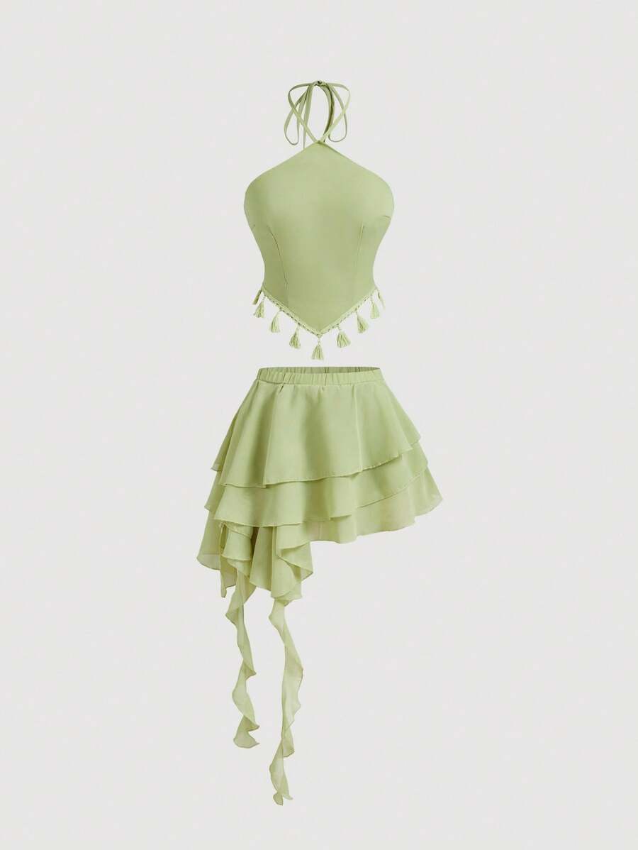 SHEIN MOD Trang phục lãng mạn Mint: Áo ba lỗ tua rua và chân váy xếp nếp nhiều lớp, trang phục dự tiệc, trang phục Bohemian, trang phục đi nghỉ, trang phục đi biển - Màu xanh Bạc hà - Xem 1