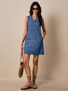 Poéselle 女式无袖圆领单排扣休闲牛仔连衣裙 - 中等水洗藍 - 查看 4