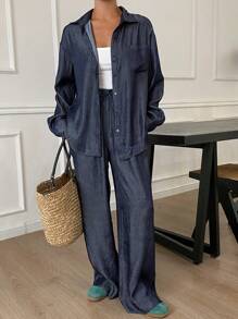Livesso 2pcs Women's Simple Loose Solid Color Front Button Long Sleeve Shirt & Pants Set Lounge Sets For Women - Navy Blue - View 4