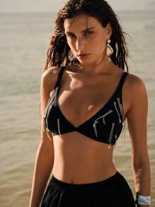 Elaire Women's Summer Vacation Beach Fringe Detail Bikini Set - Black - View 6