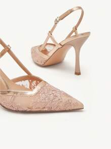CUCCOO SZL Cuccoo 女士花卉网眼可调节扣设计尖头时尚高跟鞋 - 香檳色 - 查看 10