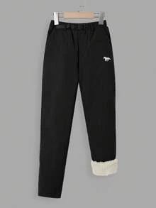 SHEIN Pantaloni dritti per ragazzi pre-adolescenti, con stampa del logo del cavallo, vita con bottoni e fodera termica