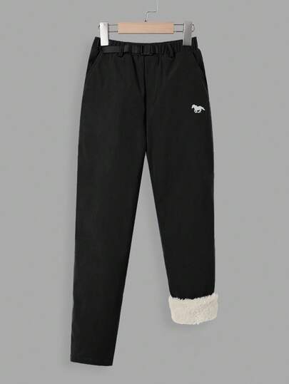 SHEIN Tween Boy Casual Horse Logo Print Button Waist Thermal Lined Straight Pants Winter Pants Warm Pants, Black Pants For Kids, Winter Fall