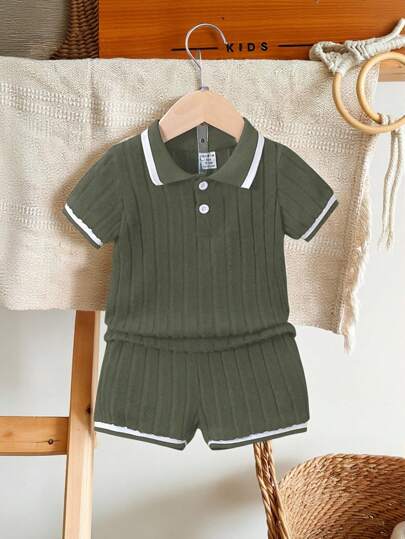 SHEIN Vintaside Kids 2개 베이비 보이 네이비 블루 폴로 셔츠와 반바지 세트, 리브 소재, 일상 야외놀이, 학교, 휴가에 적합 - 우아한 스타일, 캐주얼 가족, 스포츠 및 파티 의상에 어울림, 토들러 유아 유니섹스 여름용