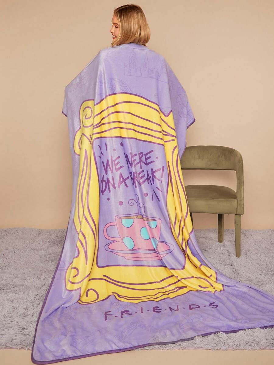 FRIENDS X SHEIN Coffee Cup Slogan Printed Flannel Blanket, Throw, Gifts,Spring / Winter - Mauve Purple - View 1
