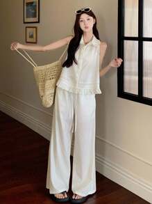 DAZY 女式彼得潘领无袖荷叶边下摆宽松纯色衬衫和阔腿休闲裤两件套 - 白色 - 查看 4