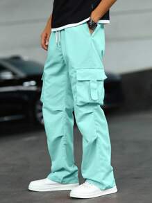 Manfinity Homme 宽松男士翻盖口袋侧抽绳腰部工装裤薄荷绿色工装裤男士工装裤宽松工装裤直筒工装裤男士休闲裤 - 薄荷綠 - 查看 3