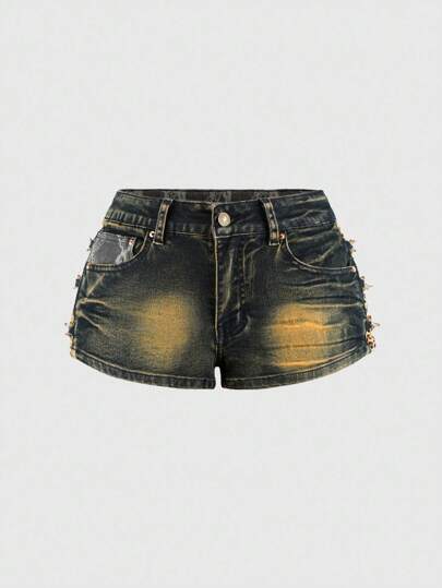 J-Fashion Y2K Gyaru Style Lace Patchwork Low Waist Cross Retro Skinny Super Low Waist Women Denim Shorts