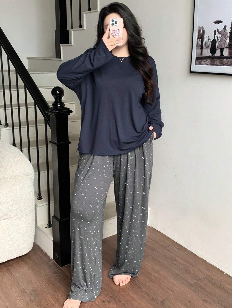 Dazy Plus 加大码两件套家居服套装 - 宽松圆领上衣和碎花裤、睡衣/睡衣套装、秋装