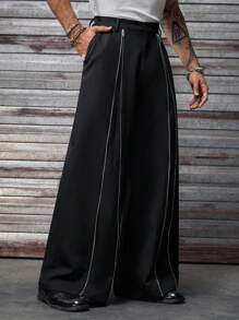 AXEPEAK Quần ống rộng thời trang đường phố giản dị có khóa kéo trang trí cho nam, mùa thu - màu đen - Xem 4