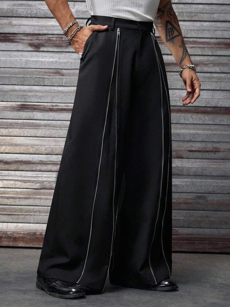 AXEPEAK Men's Casual Street Fashion Zip Decor Loose Wide-Leg Pants