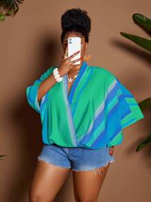 Maweii 大码休闲度假撞色条纹蝙蝠袖衬衫 - 藍色 - 查看 3