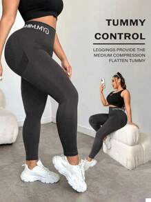 Easithlete Plus Size Women High Waist Letter Print Elastic Tight Leggings