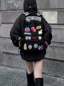ROMWE Anime Punk Academy Style Graffiti Multi-Patch Letter Cherry Angel Arrow Target Embroidery Thorn Print Strap Backpack, Unisex Large Capacity Commuter Bag, School Backpack