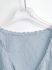 SHEIN Clasi Áo cánh tay ngắn cổ chữ V thêu đơn giản cỡ lớn dành cho nữ, thích hợp để đi làm - Màu xanh lam - Xem 4