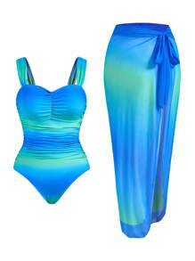 Swim Oasis 2pcs Plus Size Women's Fashion Ombre Ruched One Piece Swimsuit For Summer Beach Vacation - Green - View 1