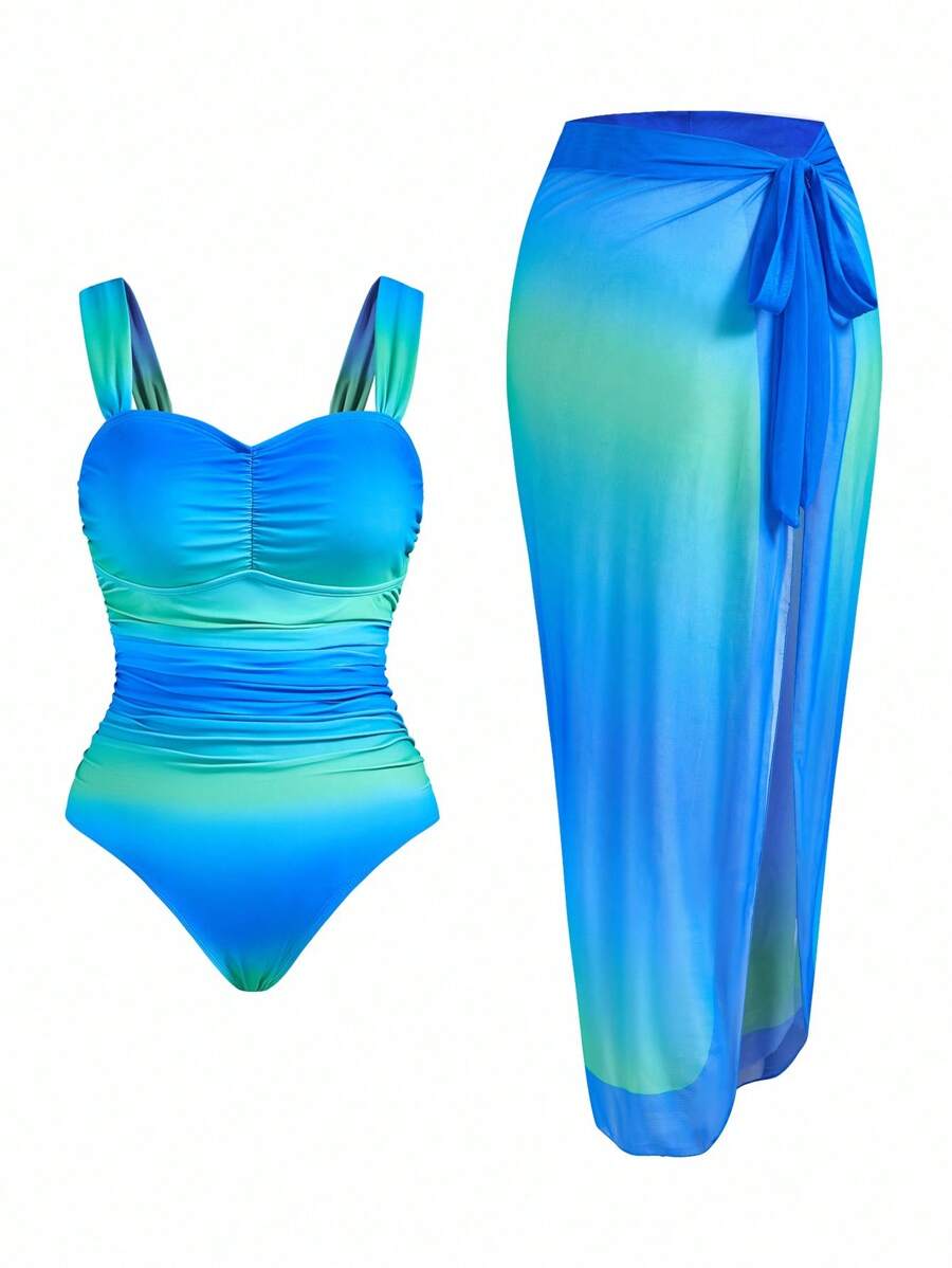 Swim Oasis 2pcs Plus Size Women's Fashion Ombre Ruched One Piece Swimsuit For Summer Beach Vacation - Green - View 1