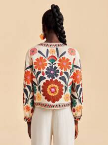 Travachic 杏色梭织面料刺绣长袖花卉外套女绣花夹克女夏季外套花卉印花夹克女式秋冬开衫