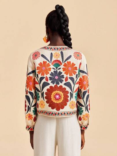 Travachic Casaco de tecido damasco com bordado e mangas longas regulares, jaqueta floral feminina, jaqueta bordada feminina, jaqueta de verão feminina, jaqueta com estampa floral, cardigã feminino para outono/inverno
