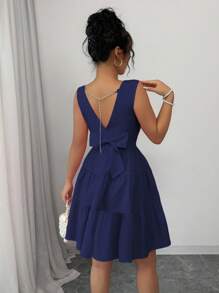 Elenzga 女士优雅纯色珍珠链蝴蝶结装饰连衣裙 - 寶藍色 - 查看 2