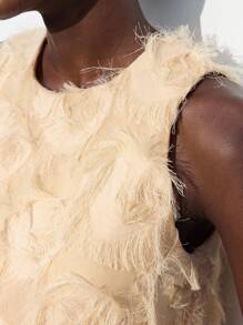 Maija 女士米色提花面料圆领荷叶边下摆羽毛装饰时尚休闲波西米亚风度假风背心，适合秋季、假日、海滩、复古、万圣节、秋季派对等场合。 - 杏色 - 查看 7