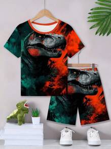 Set de 2 camisetas deportivas informales con bloqueo de colores y gráfico de dinosaurio cómodas para niños preadolescentes, apropiadas para el estilo callejero en verano