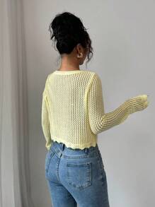 Rafferiza Hollow Out Crew Neck Long Sleeve Single-Breasted Knitted Cardigan Cropped Cardigan Yellow Sweater Fall Cloth For Women - Yellow - View 2
