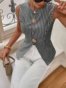 Siren Gaze 女式夏季休闲通勤条纹前扣背心 - 黑與白 - 查看 6