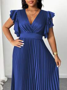 Maweii Plus Size Solid Color V-Neck Ruffle Sleeve Pleated Midi Dress - Navy Blue - View 5