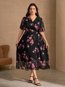 SHEIN Clasi Plus Size Women Floral Print Mesh Sleeve Crossed Wrap Elegant Dress Floral Dress Women Elegant Wrap Dresses For Women Floral Wrap Dress Rose Print Dress Black Floral Dress Fall Clothes Plus Size Fall Outfits Back To School Homecoming Country Concert Outfit Country Outfits Women Modest Dresses For Women Modest Old Money Wedding Guest Dress Women Dress For Wedding Guest Mother Of The Bride Dresses For Wedding Formal Dresses For Wedding Guest Dress For Wedding Birthday Dresses For Women Birthday Outfit Boho Fairycore - Multicolor - View 4