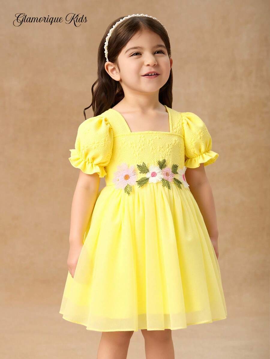 SHEIN Glamorique Kids Baby Girl Summer Square Neck Short Puff Sleeve Mesh Princess Dress, Vacation Dress - Yellow - View 1