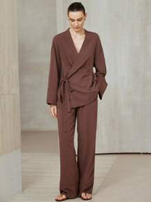 Aveloria Modichic 2pcs Set Solid Color Kimono Style V-Neck Bowknot Tie Side Long Sleeve Top And Pants Fall Cloth For Women