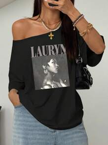 INAWLY 女士时尚印花斜肩短袖T恤 - 黑色 - 查看 1