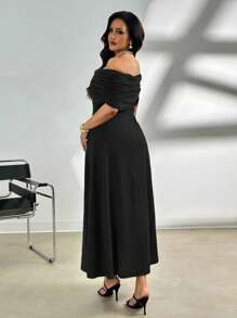 Firerie 大码女式休闲优雅露肩褶饰露肩 A 字形弹力无袖黑色长裙，春夏，女士夏季连衣裙，女士婚礼宾客礼服 - 黑色 - 查看 2