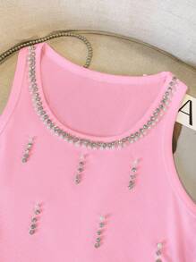 GlowEve Women's Diamond Decor Ribbed Crew Neck Tank Top - Pink - View 3