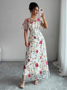 Elenzga Váy lưới thêu hoa hồng in họa tiết lá thanh lịch giản dị dành cho nữ - Nhiều màu - Xem 5