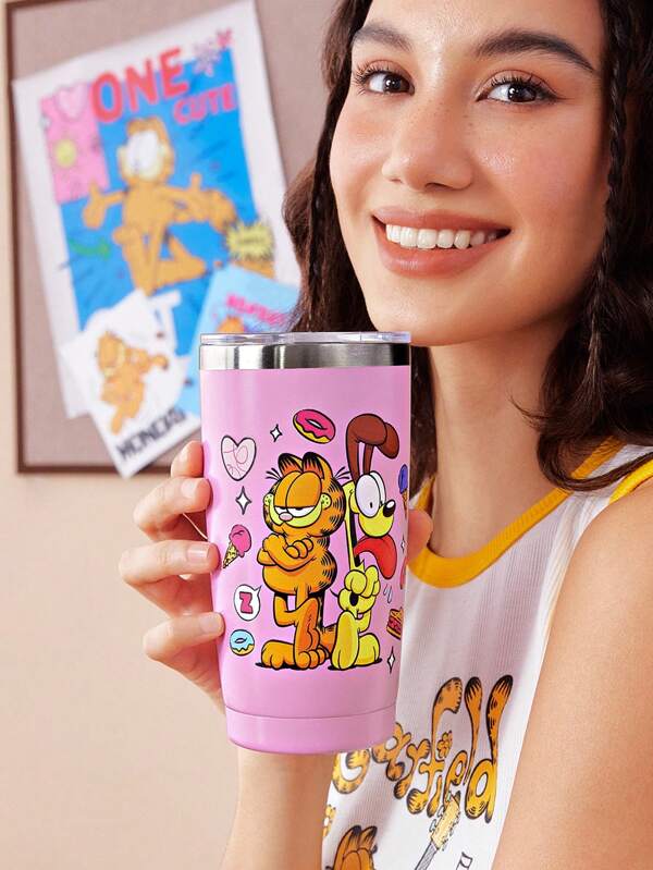 GARFIELD X SHEIN 20 Oz / 600 Ml Cartoon Pattern Stainless Steel Flat Bottom Insulated Cup With Cup Lid
