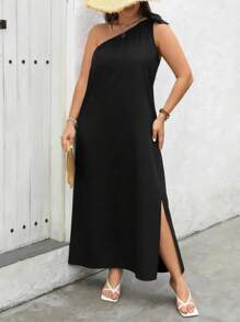 Vestido largo de un solo hombro en unicolor, talla grande, vestimenta casual de verano para mujer