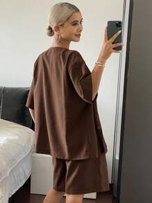 Livesso 2 pièces Ensemble chemise veste décontractée ample de couleur unie à manches courtes et short, style de rue, automne