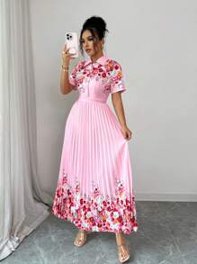 Elenzga 女士花卉印花褶皱短袖领扣休闲度假时尚返校教师节感恩节连衣裙 - 粉色 - 查看 1