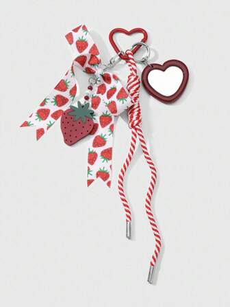 Kawaii 1 pièce Miroir en verre en forme de cœur en acrylique rouge avec ruban imprimé de fraise, corde tressée dégrader en nœud papillon, convient pour le port quotidien des femmes/filles, cadeau de vacances, support de téléphone DIY, porte-clés, pendentif de sac, charm de téléphone